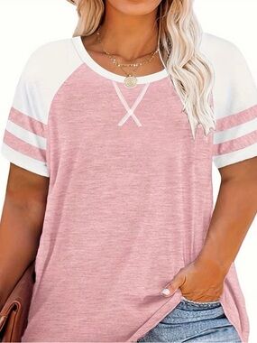 Blush Pink & White Contrast Tee 4X | Plus Size 18/20 Casual Soft Stretch Top